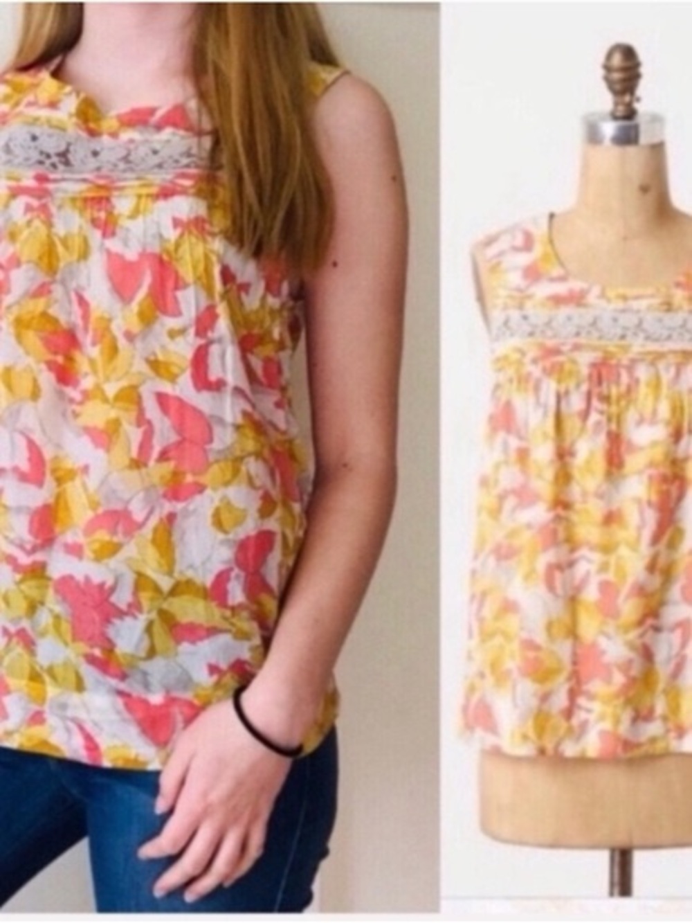Anthropologie Meadow Rue Floral Lace-Trim Camisole in Pink & Yellow Women’s 4